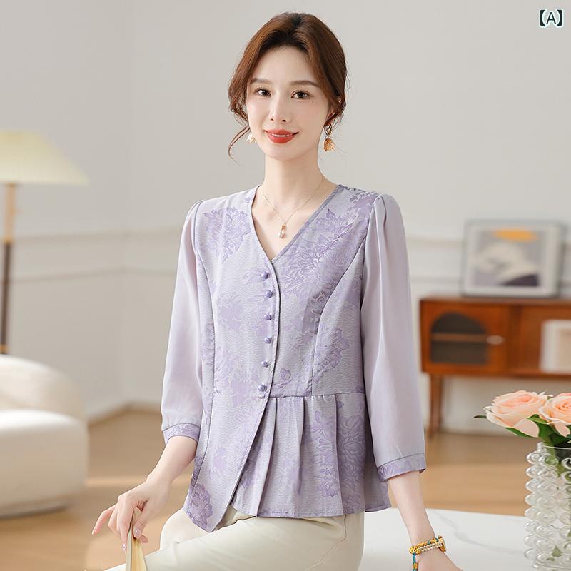 レディース ファッション おしゃれ 春夏 秋 冬 大人 上品 高級 マダム ミス ミセス プレゼント 母 夏 シフォン T シャツ ブラウス 女性 服中袖 シャツ スーツ|YKC8