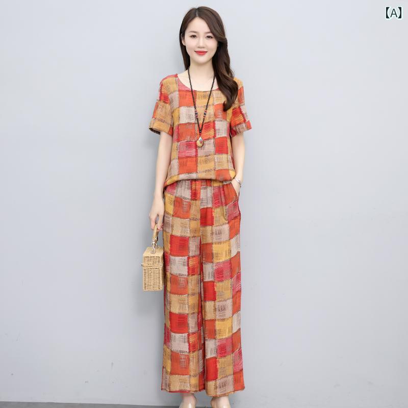 レディース ファッション おしゃれ 春夏 秋 冬 大人 上品 高級 マダム ミス ミセス プレゼント 女性用 コットン スーツ 夏 スタイルアウターウェア ゆったり 涼しい ママ カジュアル 半袖 ズボン ツーピース スーツ|YKC8