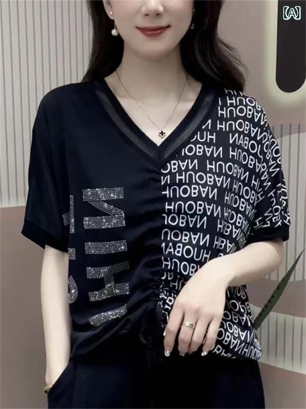 レディース ファッション おしゃれ 春夏 秋 冬 大人 上品 高級 マダム ミス ミセス プレゼント 夏 ファッション Vネックつなぎ合わせ ホット 半袖 T シャツ ウエスタン ママ ドレス カバー 痩せた トップ |YKC8