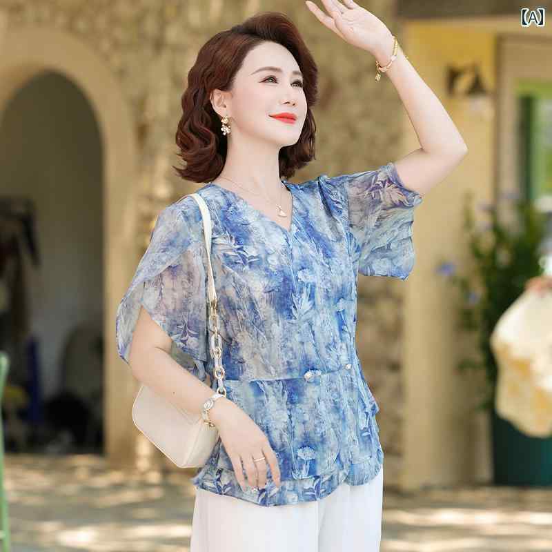 レディース ファッション おしゃれ 春夏 秋 冬 大人 上品 高級 マダム ミス ミセス プレゼント ママ 夏 半袖 シフォンブラウス 品格が エレガント 女性 夏 花柄 トップス ツーピース スーツ|YKC8