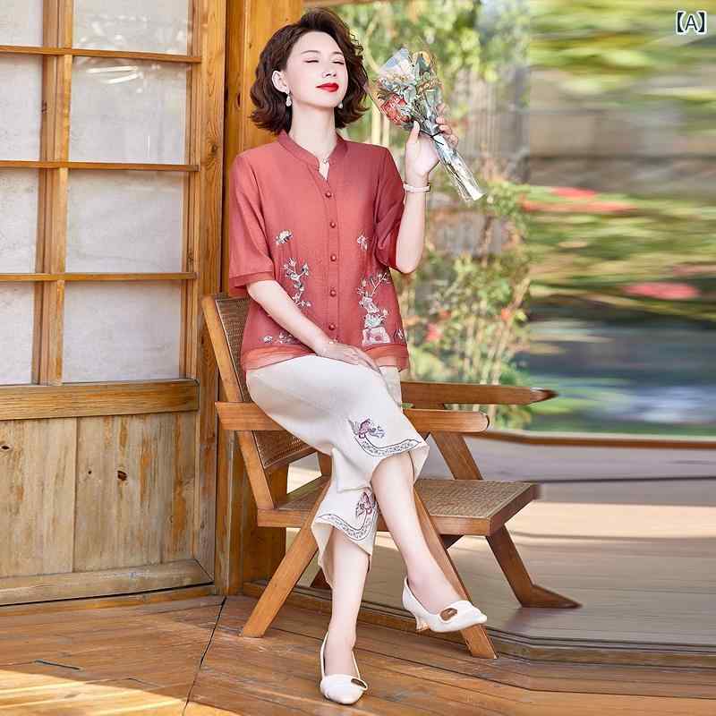 レディース ファッション おしゃれ 春夏 秋 冬 大人 上品 高級 マダム ミス ミセス プレゼント 若々しい夏 スーツ 女性 夏 民族風 トップス パンツ ツーピース スーツ|YKC8