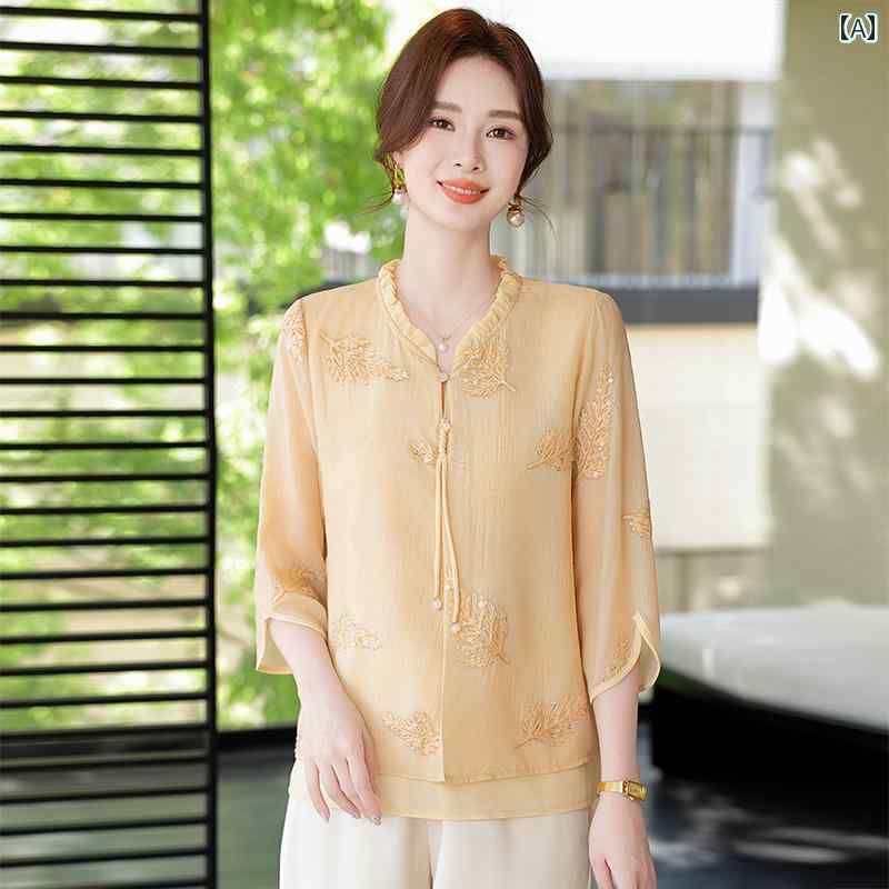 レディース ファッション おしゃれ 春夏 秋 冬 大人 上品 高級 マダム ミス ミセス プレゼント お母さん 夏 ドレス スタイリッシュ 小さい シャツ 女性 夏 ファッション 七分袖 シフォン T シャツ トップ|YKC8