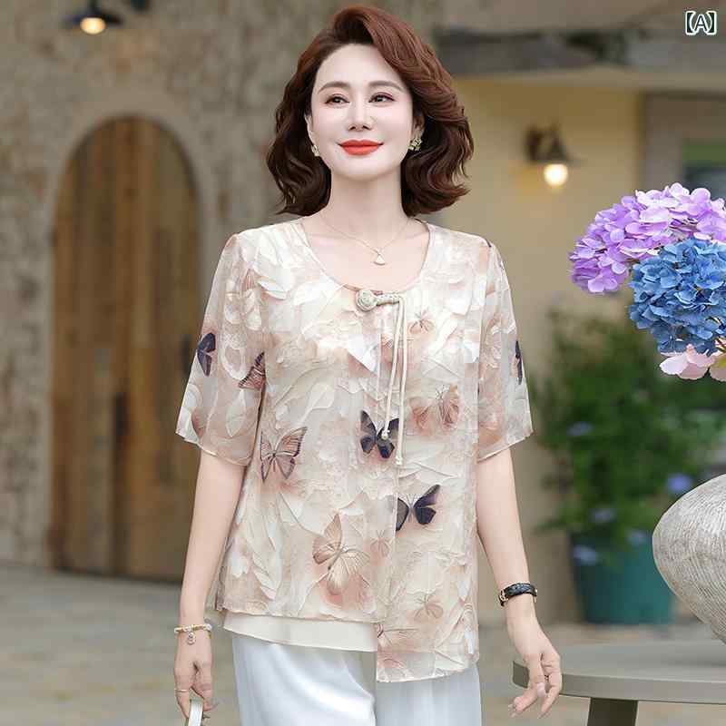 レディース ファッション おしゃれ 春夏 秋 冬 大人 上品 高級 マダム ミス ミセス プレゼント 夏 トップス 西洋風 T シャツ 小 シャツ 女性 ゆったり 半袖 シフォン トップス|YKC8