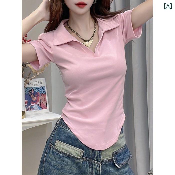 レディース ファッション おしゃれ 春夏 秋　冬 大人 上品 高級 マダム ミス ミセス プレゼント 綿　フレンチ　ポロ　カラー　スリム　半袖　T　シャツ　レディース　夏　スタイル　カジュアル　ファッション　無地｜YKC8