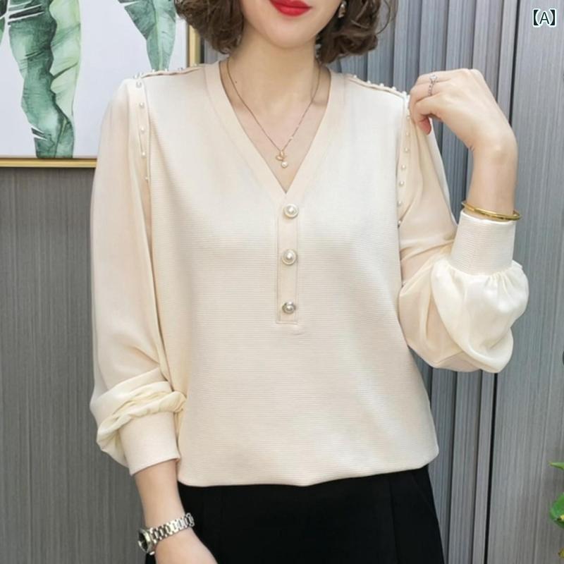 レディース ファッション おしゃれ 春夏 秋　冬 大人 上品 高級 マダム ミス ミセス プレゼント 春　ファッション　Vネック　レイヤリング　シャツ　洋風　トップス　シフォン　ゆったり　マザー　ステッチ　長袖　T　シャツ小　シャツ｜YKC8