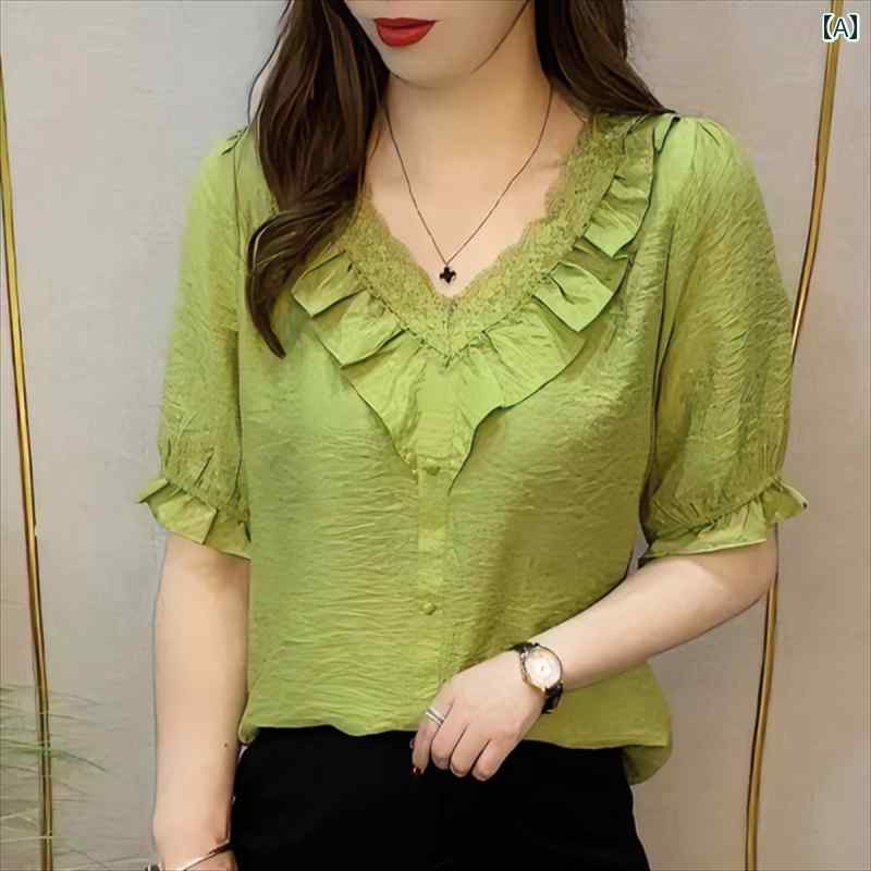 レディース ファッション おしゃれ 春夏 秋　冬 大人 上品 高級 マダム ミス ミセス プレゼント Vネック　シャツ　レディース　半袖　薄手　夏　ゆったり　トップス　フリル　テンセル　コットンシャツ　T　シャツ