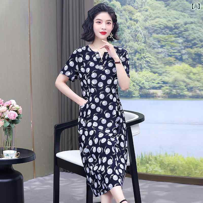レディース ファッション おしゃれ 春夏 秋 冬 大人 上品 高級 マダム ミス ミセス プレゼント コットンドレス 女性 夏 ファッション ゆったりドレス カジュアル 半袖 プリント スカート|YKC8