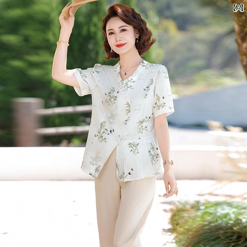 レディース ファッション おしゃれ 春夏 秋　冬 大人 上品 高級 マダム ミス ミセス プレゼント 洋　母　夏　スーツ　　新型　　半袖　トップス　女性　ファッション　シフォン　服｜YKC8