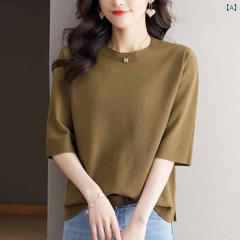 レディース ファッション おしゃれ 春夏 秋　冬 大人 上品 高級 マダム ミス ミセス プレゼント 夏　ミドル　スリーブ　T　シャツ　女性用　特大　サイズ　トップス　ゆったり　薄手　ニット　セーター