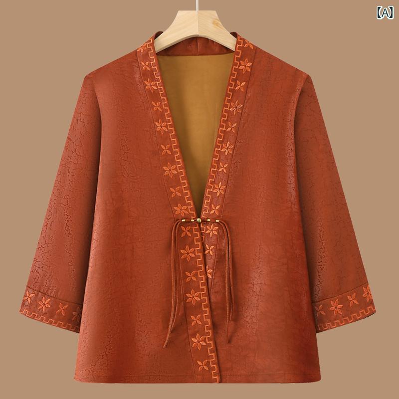 レディース ファッション おしゃれ 春夏 秋　冬 大人 上品 高級 マダム ミス ミセス プレゼント 　母　春夏　唐　スーツ　ジャケット　高齢女性　七分袖民族　ボタン　シャツ　トップス　薄手｜YKC8