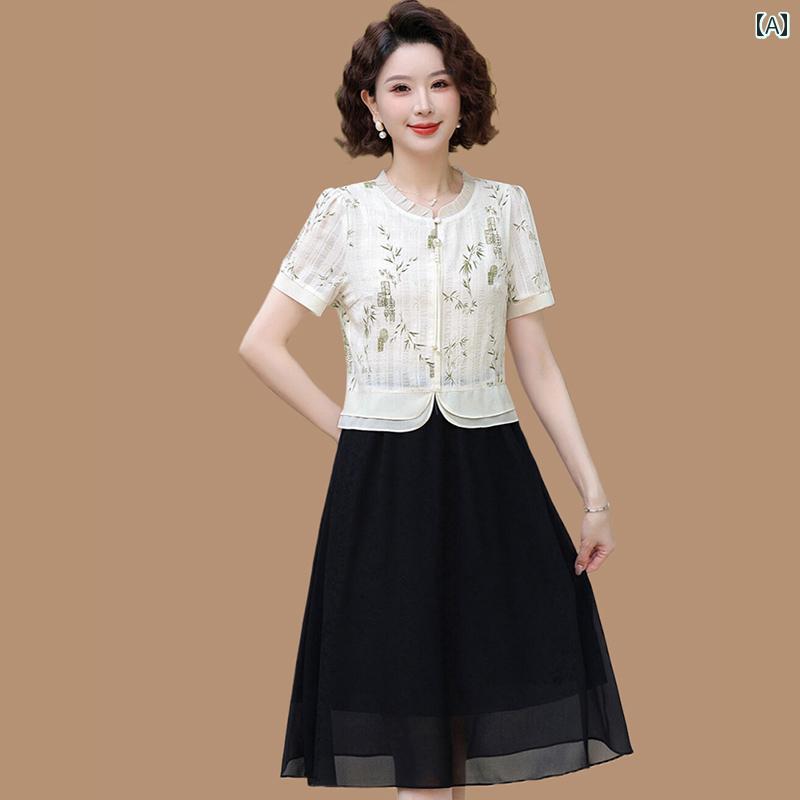 レディース ファッション おしゃれ 春夏 秋 冬 大人 上品 高級 マダム ミス ミセス プレゼント 夏お母さん シフォン ドレス 婦人服 スタイリッシュ スリム フェイク ツーピース 半袖 スカート|YKC8