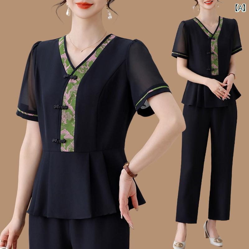 レディース ファッション おしゃれ 春夏 秋　冬 大人 上品 高級 マダム ミス ミセス プレゼント 　母　夏　シフォンシャツ　おしゃれ女性　夏　半袖　スーツ　ツーピース　民族風　トップス｜YKC8