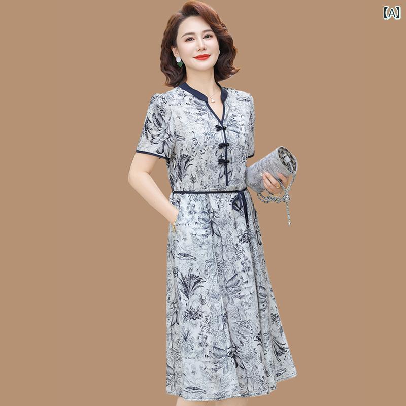 レディース ファッション おしゃれ 春夏 秋　冬 大人 上品 高級 マダム ミス ミセス プレゼント 母　夏　ドレス　半袖　スリム　ドレス　　夏　女性　民族風　シフォン　ロング　スカート｜YKC8