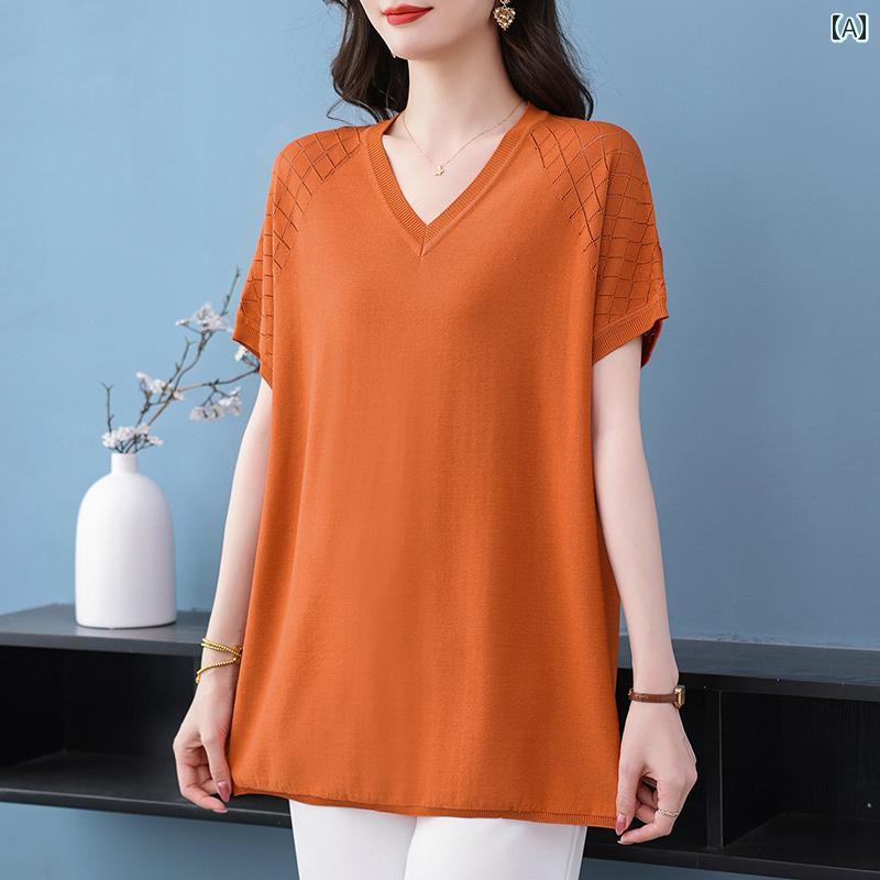 レディース ファッション おしゃれ 春夏 秋　冬 大人 上品 高級 マダム ミス ミセス プレゼント レディース用　特大　半袖　セーター　ミドル丈ウェア　Vネックトップス　ゆったり　スリム　T　シャツ