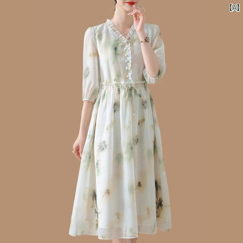 レディース ファッション おしゃれ 春夏 秋 冬 大人 上品 高級 マダム ミス ミセス プレゼント 母 夏 ファッション Vネック シフォン ドレス 女性 夏 七分袖花柄 スカート 夏|YKC8