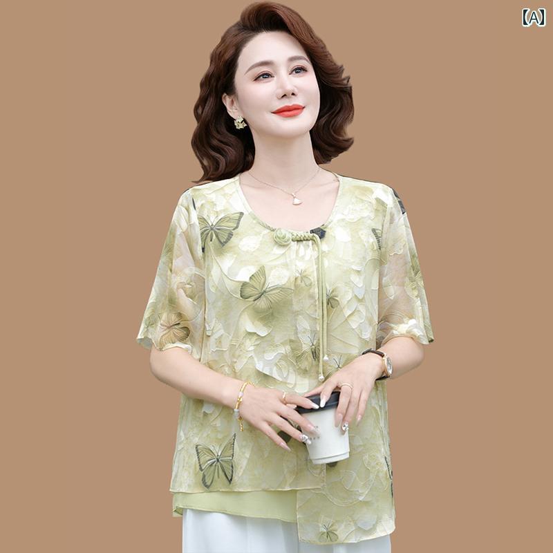 レディース ファッション おしゃれ 春夏 秋 冬 大人 上品 高級 マダム ミス ミセス プレゼント 西洋 母 夏 シフォンシャツ 半袖 T シャツ 女性 民族風 トップス  小さい シャツ