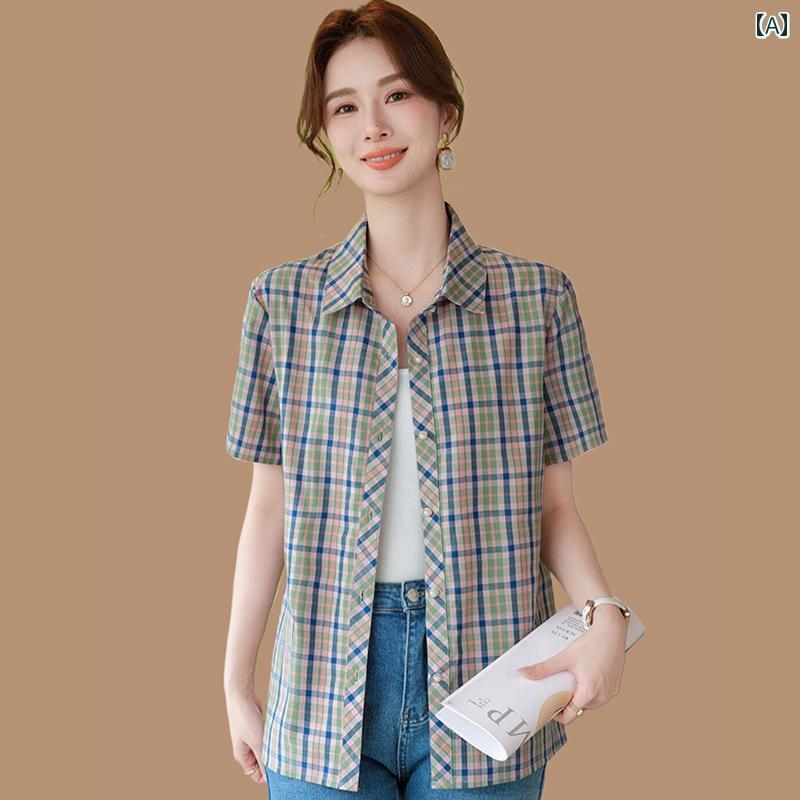 レディース ファッション おしゃれ 春夏 秋　冬 大人 上品 高級 マダム ミス ミセス プレゼント 洋　シャツ　半袖　カーディガン　カジュアル　夏　マザー　シャツ　夏　ゆったり　女性　チェック柄｜YKC8