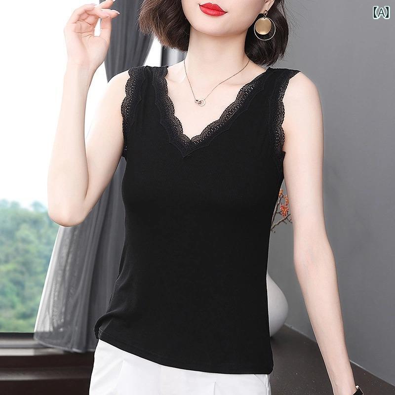 レディース ファッション おしゃれ 春夏 秋　冬 大人 上品 高級 マダム ミス ミセス プレゼント ブラック　レース大きいサイズ　キャミソール　ベスト　レディース　　春夏　アウター　薄手　Vネック　インナー　レイヤリング　シャツ｜YKC8