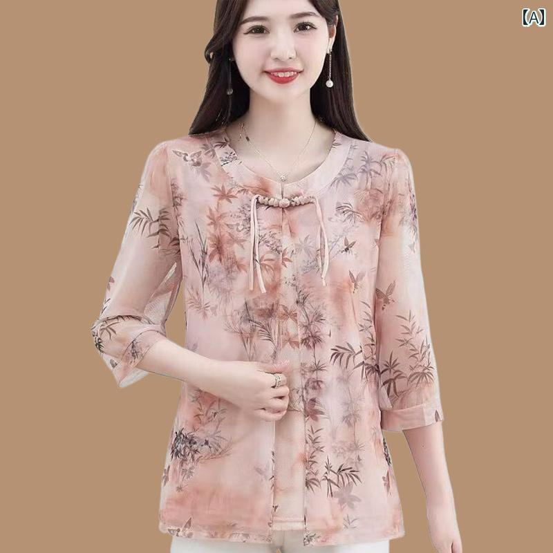 レディース ファッション おしゃれ 春夏 秋　冬 大人 上品 高級 マダム ミス ミセス プレゼント 　母　夏　シフォン　T　シャツ　　女性　西洋風　トップス　七分袖　小さい　シャツ｜YKC8