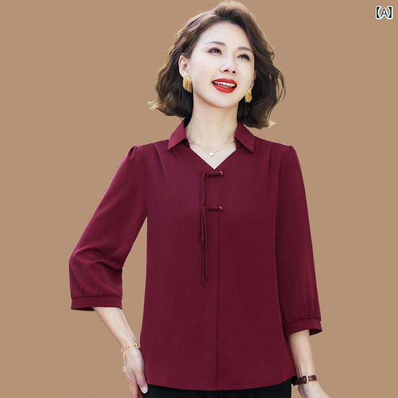 レディース ファッション おしゃれ 春夏 秋 冬 大人 上品 高級 マダム ミス ミセス プレゼント 母 夏 ドレス 七分袖 シフォンシャツ 女性 ファッション 小さい シャツ トップ 薄手|YKC8