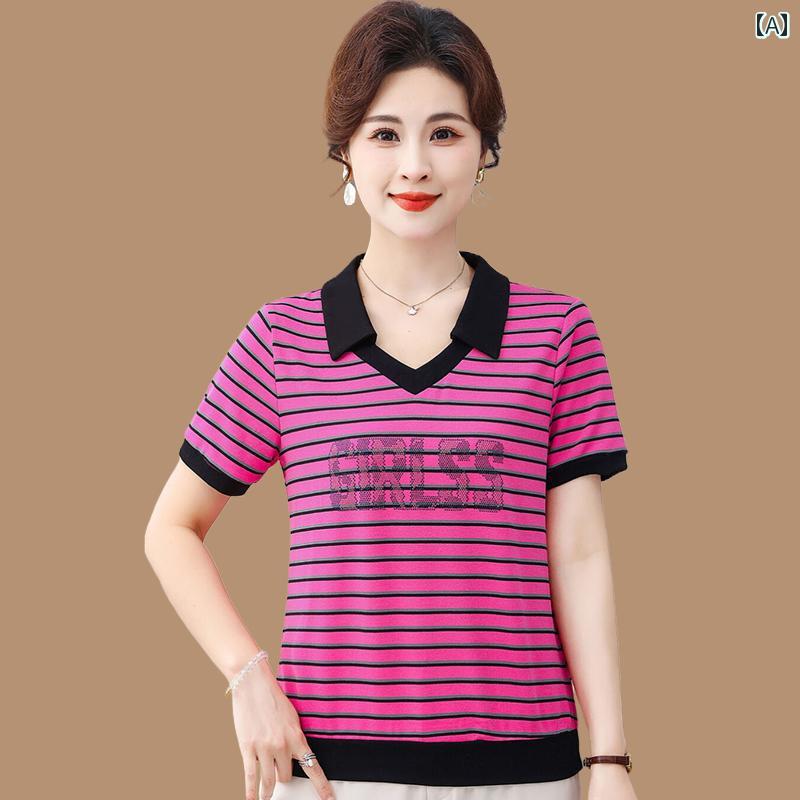 レディース ファッション おしゃれ 春夏 秋 冬 大人 上品 高級 マダム ミス ミセス プレゼント 半袖 T シャツ レディース ストライプ  夏 ゆったり トップ カジュアル スポーツ ポロシャツ