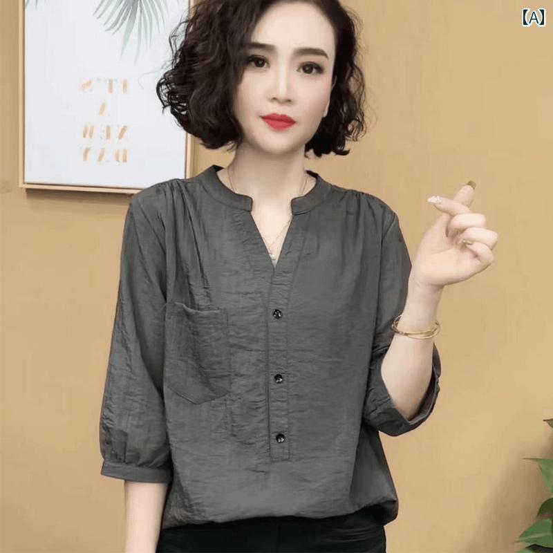 レディース ファッション おしゃれ 春夏 秋 冬 大人 上品 高級 マダム ミス ミセス プレゼント ファッション ママ Vネック シャツ コットン& リネン 半袖 T シャツ 女性 夏 カジュアル 七分袖 テンセル リネン トップス|YKC8