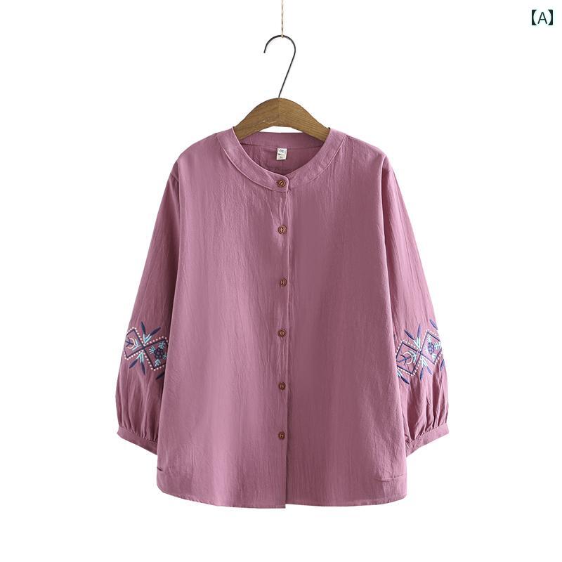 レディース ファッション おしゃれ 春夏 秋 冬 大人 上品 高級 マダム ミス ミセス プレゼント ママ 春 長袖 シャツ コットンリネン 大きめ サイズ レディース ラウンドネック おばあちゃん トップス|YKC8