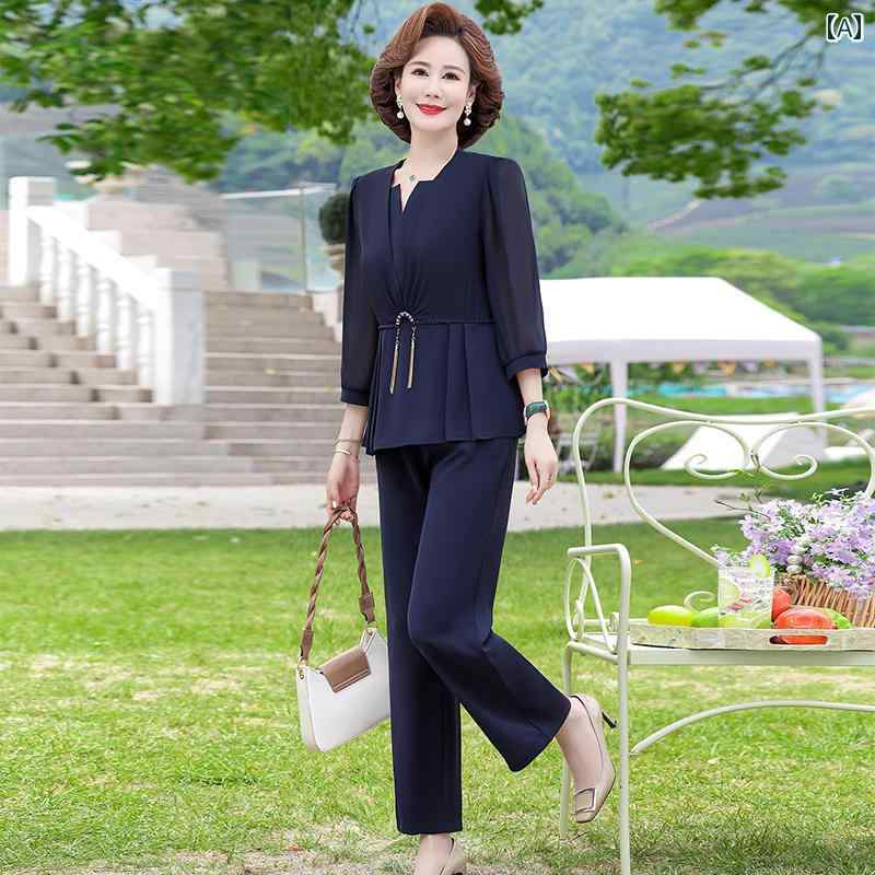 レディース ファッション おしゃれ 春夏 秋　冬 大人 上品 高級 マダム ミス ミセス プレゼント 母　夏　ファッション　スーツ　おしゃれシフォンシャツ　　女性　春　ワンピース　中袖　トップス　2点　セット｜YKC8