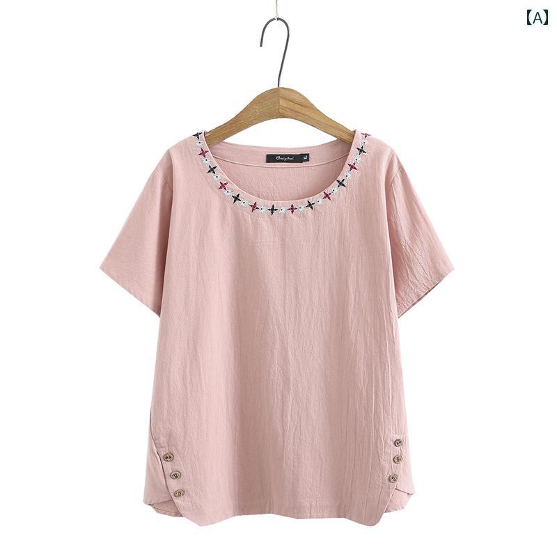 レディース ファッション おしゃれ 春夏 秋　冬 大人 上品 高級 マダム ミス ミセス プレゼント ママ　半袖　T　シャツ　　コットンリネン　ラウンドネック　　薄手　涼しい　通気性　ゆったり　大きめ　サイズ　おばあちゃん服｜YKC8