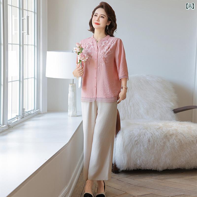 レディース ファッション おしゃれ 春夏 秋　冬 大人 上品 高級 マダム ミス ミセス プレゼント ママ　夏　冷感　コットンリネン　スーツ　　女性　夏　半袖　シャツ　パンツ　ツーピース　スーツ｜YKC8