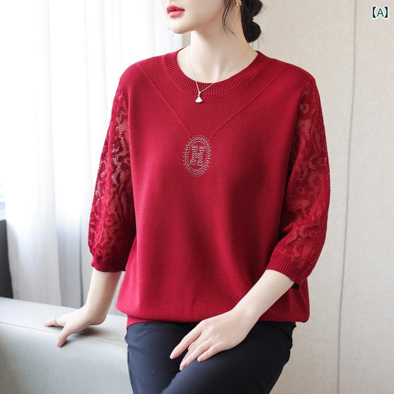 レディース ファッション おしゃれ 春夏 秋 冬 大人 上品 高級 マダム ミス ミセス プレゼント ママ 春 レース袖ブラウス 女性 春 秋 ニット T シャツ トップス 服 薄手