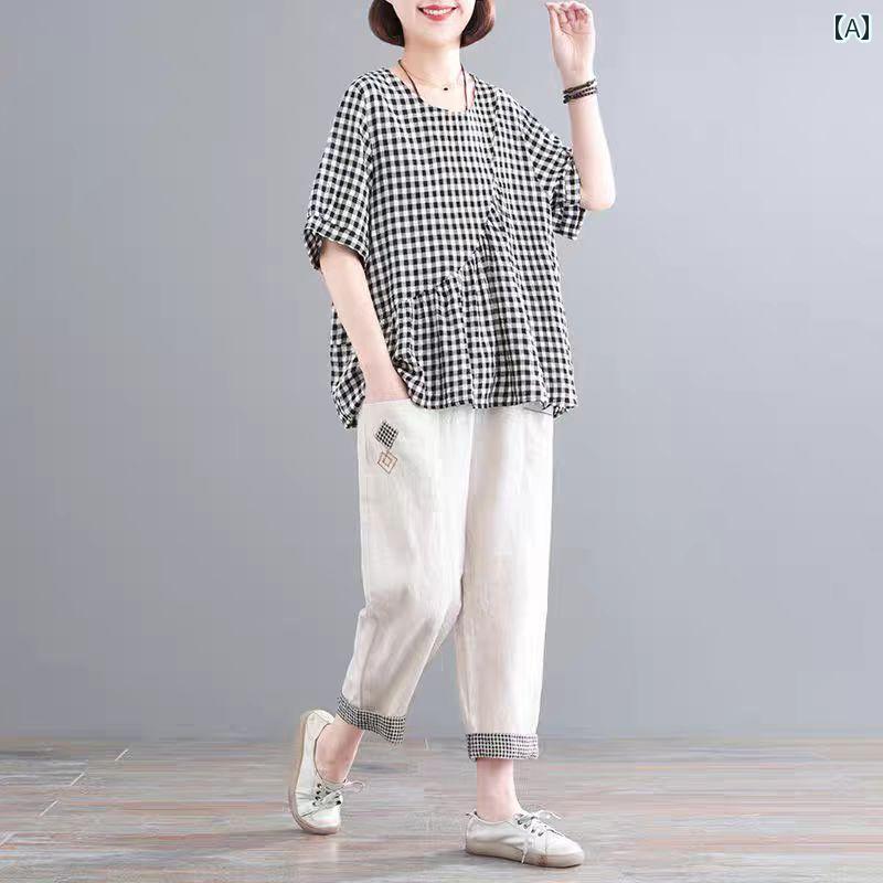 レディース ファッション おしゃれ 春夏 秋　冬 大人 上品 高級 マダム ミス ミセス プレゼント 女性　夏服　　スーツ　大きいサイズ　チェック柄　半袖　トップス　綿　麻ツーピース　スーツ