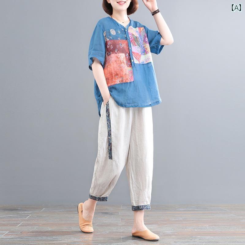 レディース ファッション おしゃれ 春夏 秋　冬 大人 上品 高級 マダム ミス ミセス プレゼント 大きいサイズ　女性　夏　綿　麻　スーツ　　プリント　半袖　トップス　パンツ