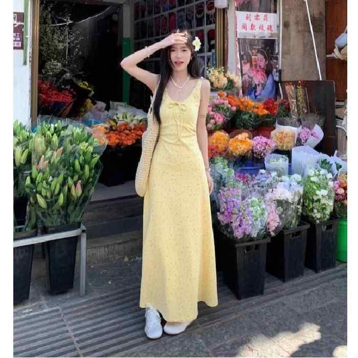 レディース ファッション おしゃれ 春夏 秋 冬 大人 上品 高級 マダム ミス ミセス プレゼント 黄色 花柄 ワンピース ドレス レディース ノースリーブベスト ドレス フレンチ スイート スタイル ウエスト ロング スカート aライン スカート|YKC8