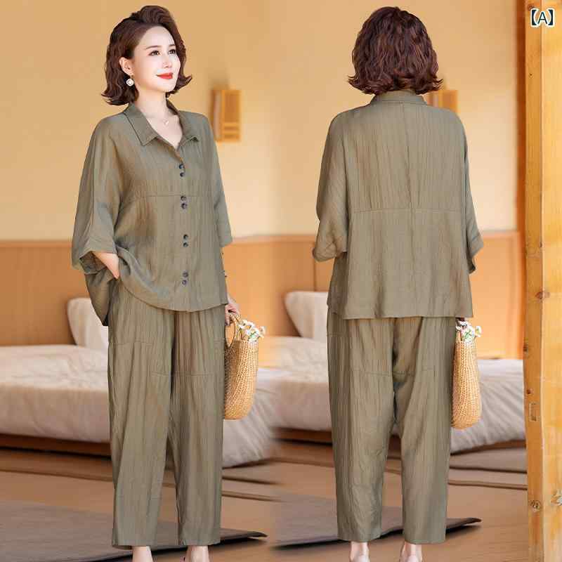 レディース ファッション おしゃれ 春夏 秋 冬 大人 上品 高級 マダム ミス ミセス プレゼント ママ 夏服 綿 麻 スーツ 女性 カーディガン 半袖 トップス 夏 大きいサイズ 2点 セット|YKC8