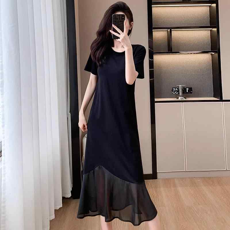 レディース ファッション おしゃれ 春夏 秋 冬 大人 上品 高級 マダム ミス ミセス プレゼント 不規則 コントラスト カラー ステッチ 半袖 ドレス 女性用 ゆったり スリム ラウンドネック T シャツ ドレス スタイル|YKC8