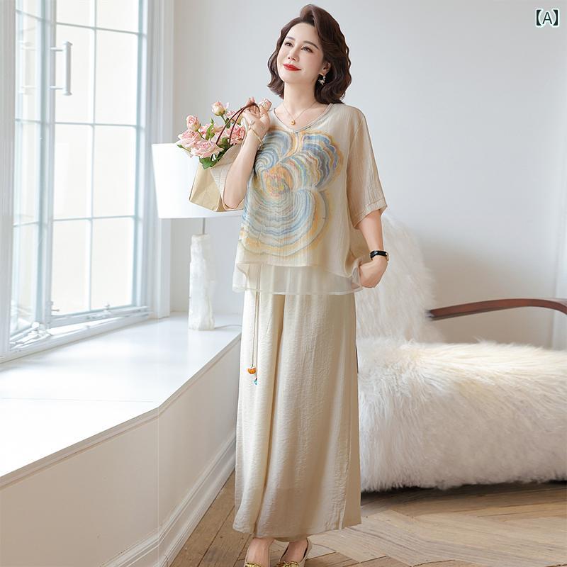 レディース ファッション おしゃれ 春夏 秋 冬 大人 上品 高級 マダム ミス ミセス プレゼント ママ 夏服 新型 ラミー 半袖 シャツ 女性 ファッション ゆったり ツーピース スーツ|YKC8
