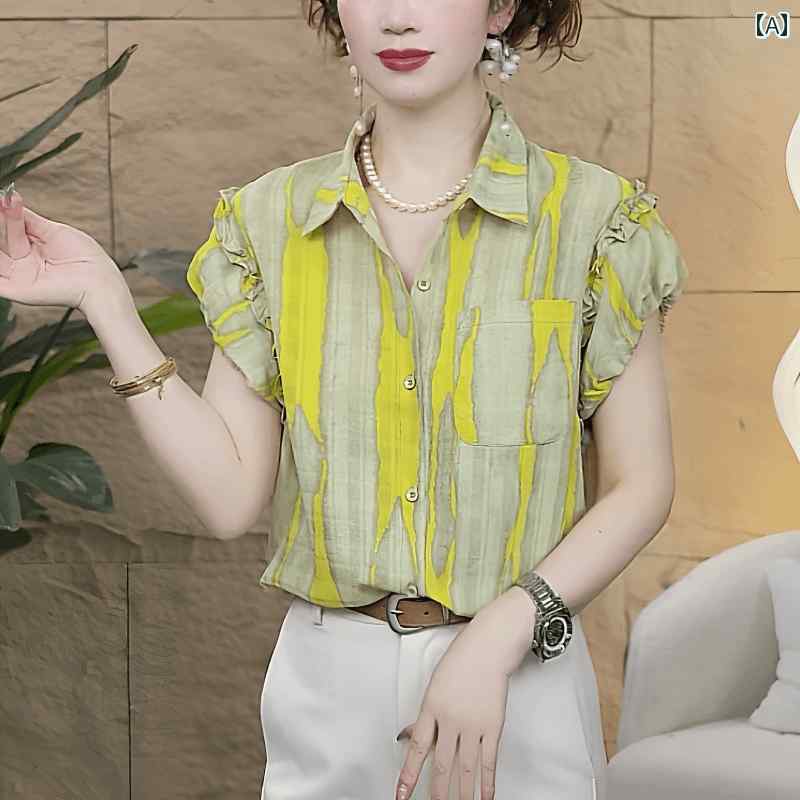 レディース ファッション おしゃれ 春夏 秋 冬 大人 上品 高級 マダム ミス ミセス プレゼント 夏 新 ウッド 耳 エッジゆったり スリム ショート トップレディースファッション 縦縞 半袖 シャツ|YKC8