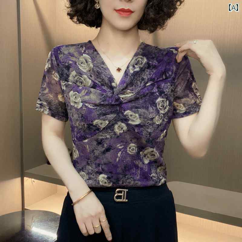 レディース ファッション おしゃれ 春夏 秋 冬 大人 上品 高級 マダム ミス ミセス プレゼント ファッション Vネック ツイスト プリント スリム シャツ 夏 下げる 薄手 ウェア T シャツ|YKC8