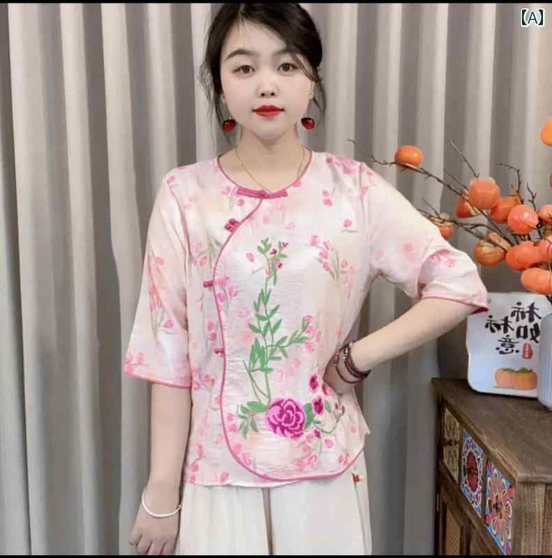 レディース ファッション おしゃれ 春夏 秋　冬 大人 上品 高級 マダム ミス ミセス プレゼント 母　夏　シャツ　　女性　民族中袖小さい　シャツ　斜め襟トップス
