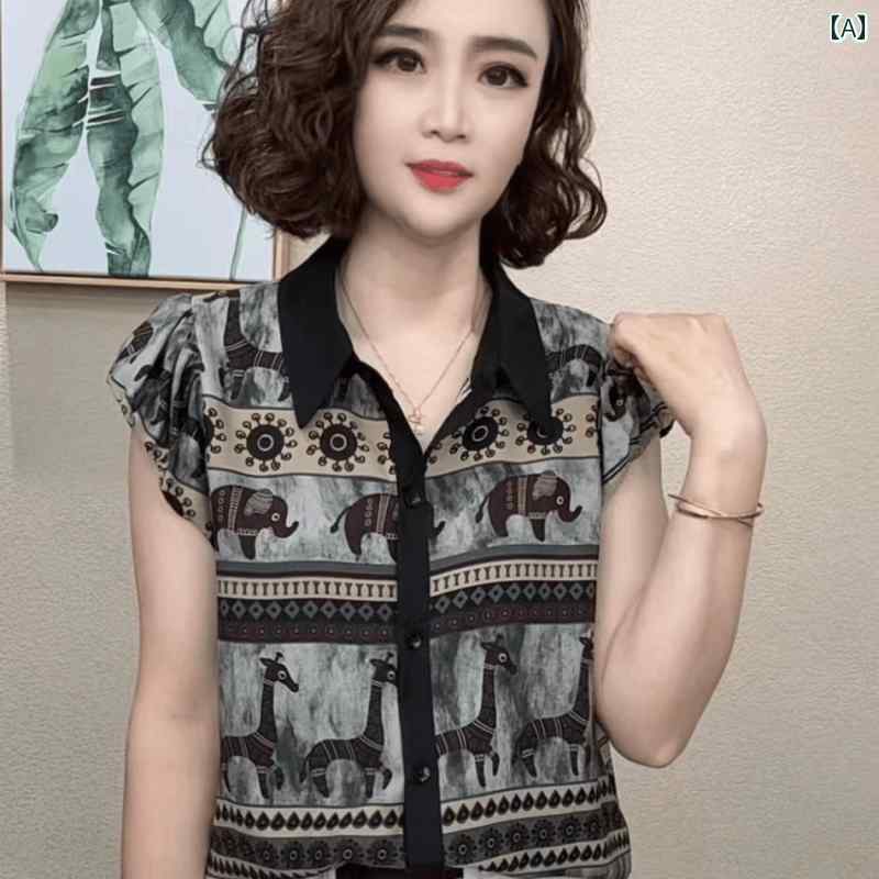 レディース ファッション おしゃれ 春夏 秋 冬 大人 上品 高級 マダム ミス ミセス プレゼント ママ ドレスプリント 半袖 シフォンシャツ 夏 エレガント 小さい シャツ トップス|YKC8