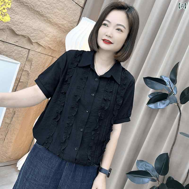 レディース ファッション おしゃれ 春夏 秋　冬 大人 上品 高級 マダム ミス ミセス プレゼント 夏　薄手　半袖　シャツ　レディースファッション　ウッド　耳　エッジ　ステッチ　トップ　　母　夏　ドレス　半袖｜YKC8