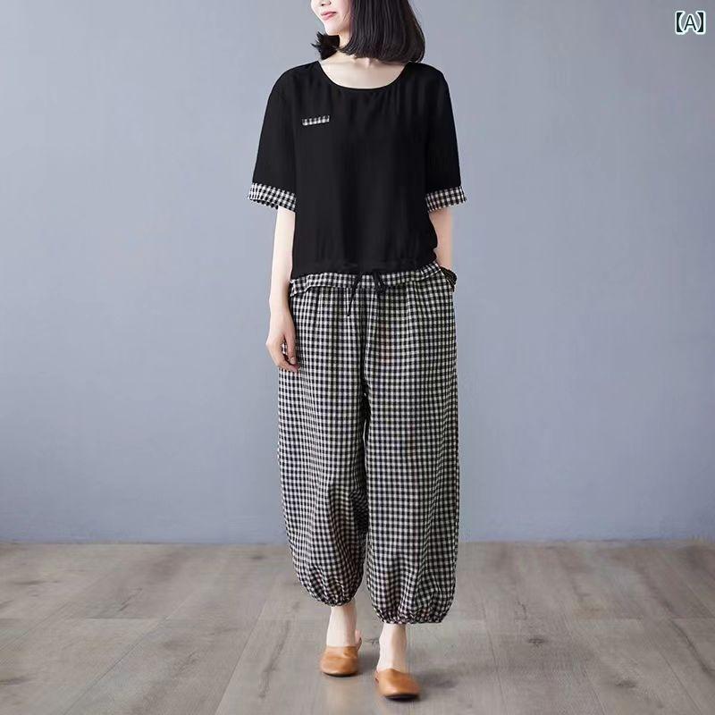 レディース ファッション おしゃれ 春夏 秋　冬 大人 上品 高級 マダム ミス ミセス プレゼント 女性　夏　スーツ　夏　レトロ　チェック柄　　カジュアル　綿　麻　ツーピース　スーツ