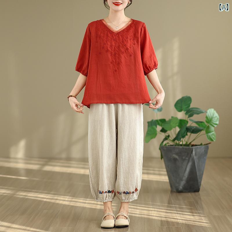 レディース ファッション おしゃれ 春夏 秋 冬 大人 上品 高級 マダム ミス ミセス プレゼント 女性 夏服 綿 麻 半袖 スーツ 大きいサイズトップス ゆったり カジュアル ツーピース スーツ|YKC8