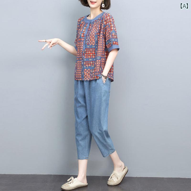 レディース ファッション おしゃれ 春夏 秋　冬 大人 上品 高級 マダム ミス ミセス プレゼント 女性　夏　スーツ　　夏　大きいサイズ　綿　麻　覆う　プリント　トップス　ツーピース　スーツ｜YKC8