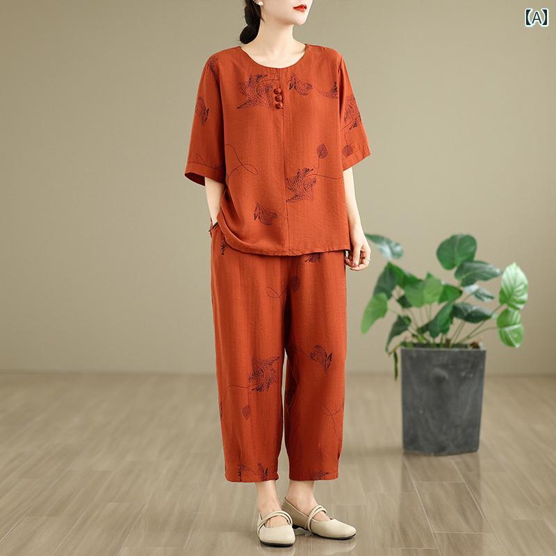 レディース ファッション おしゃれ 春夏 秋　冬 大人 上品 高級 マダム ミス ミセス プレゼント 女性　夏服　綿　麻　スーツ　夏　大きいサイズ　プリント　カジュアル　ツーピース　スーツ｜YKC8