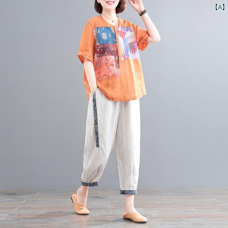 レディース ファッション おしゃれ 春夏 秋　冬 大人 上品 高級 マダム ミス ミセス プレゼント ママ　大きめ　サイズ　女性　夏　スーツ　　ゆったり　レトロ　プリント　シャツ　コットンリネン　カジュアル　パンツ　ツーピース　スーツ