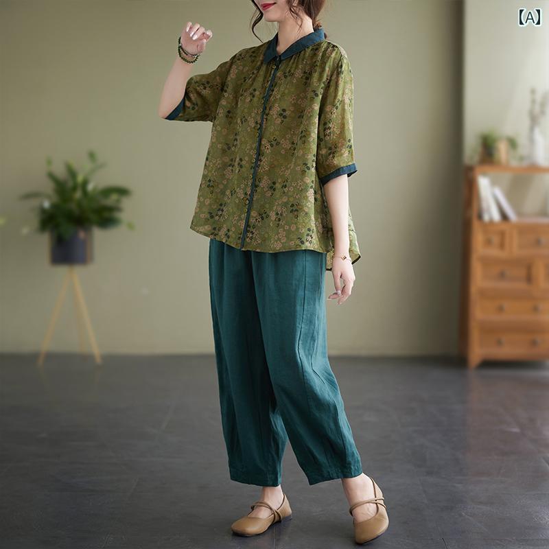 レディース ファッション おしゃれ 春夏 秋　冬 大人 上品 高級 マダム ミス ミセス プレゼント 女性　夏服　大きいサイズ　スーツ　夏　ゆったり　肌　カバー　レトロ　綿　麻　ツーピース　スーツ