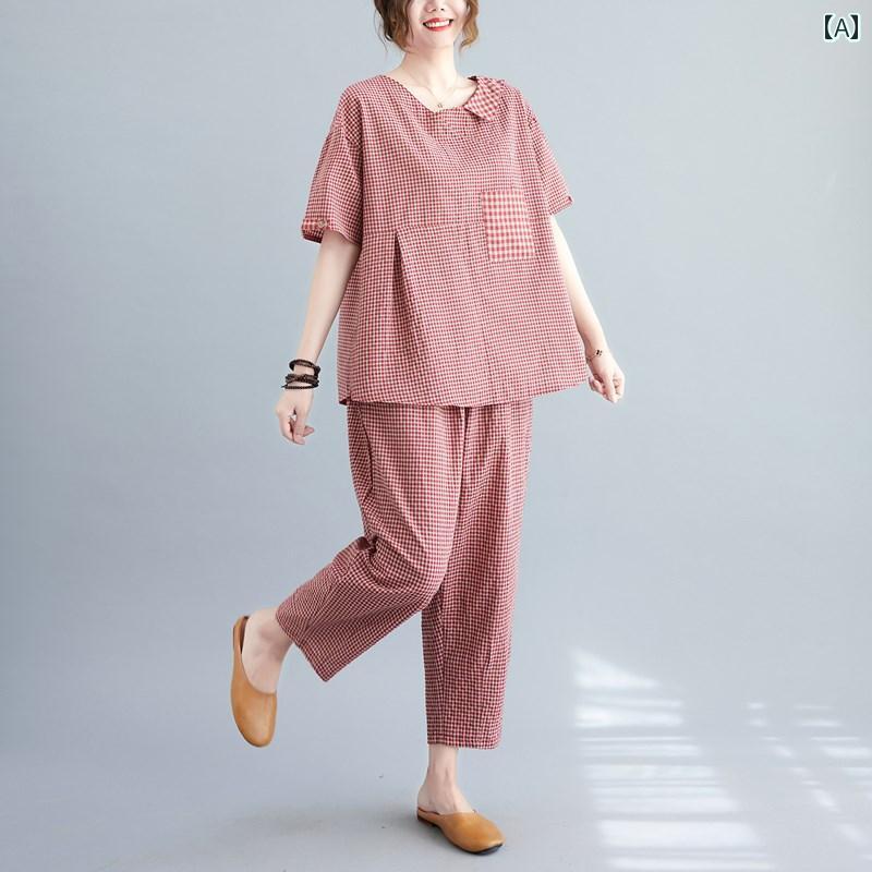 レディース ファッション おしゃれ 春夏 秋　冬 大人 上品 高級 マダム ミス ミセス プレゼント ママ　　コットンリネン　スーツ　レディース　夏　カジュアル　大きいサイズ　ゆったり　チェック柄　半袖　トップス　ツーピース　スーツ