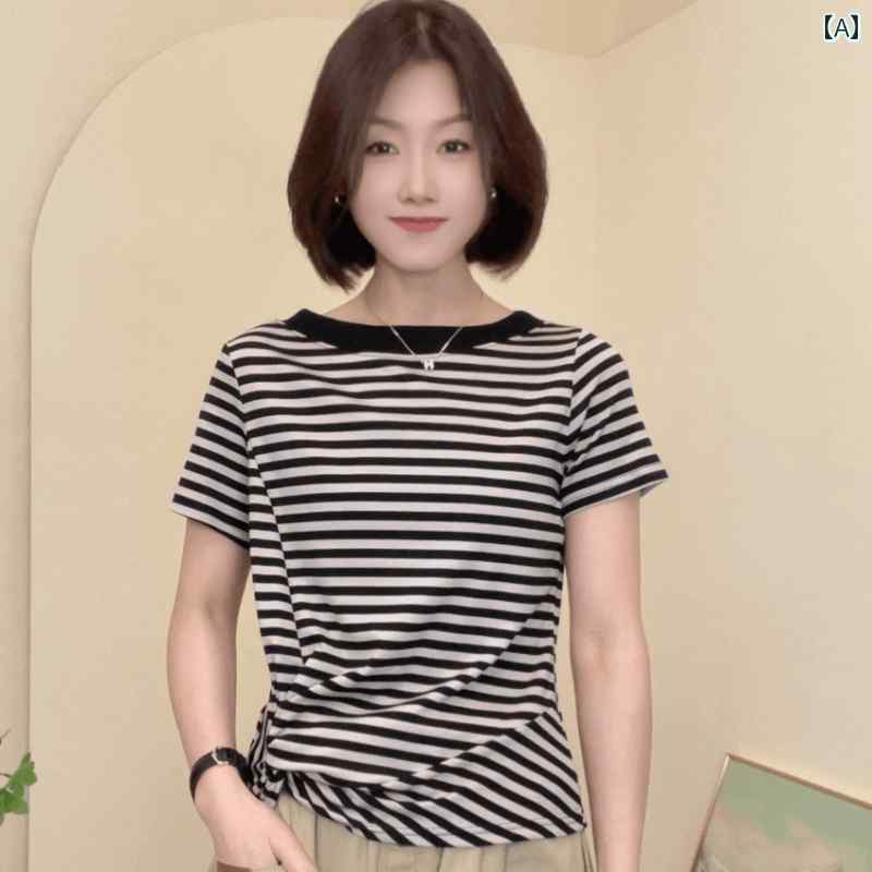レディース ファッション おしゃれ 春夏 秋 冬 大人 上品 高級 マダム ミス ミセス プレゼント 女性用 ワンショルダー ストライプ 半袖 T シャツ 夏 スリム ウエスト ストレート ショルダー 半袖 若々しい 用 ドレス|YKC8